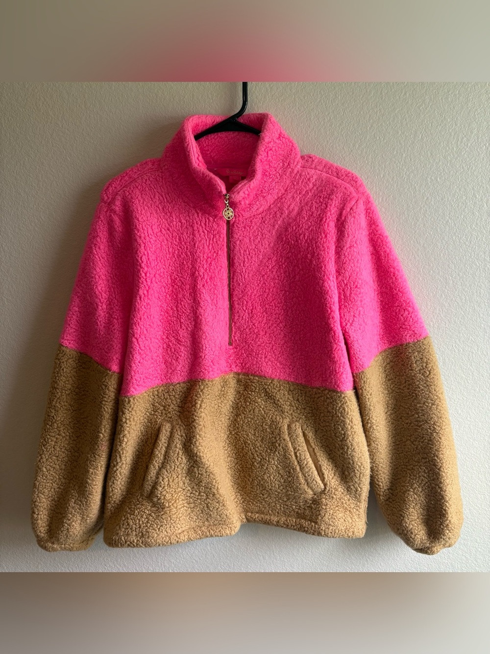 Lilly Pulitzer Pink and Tan Sherpa Quarter Zip Pullover